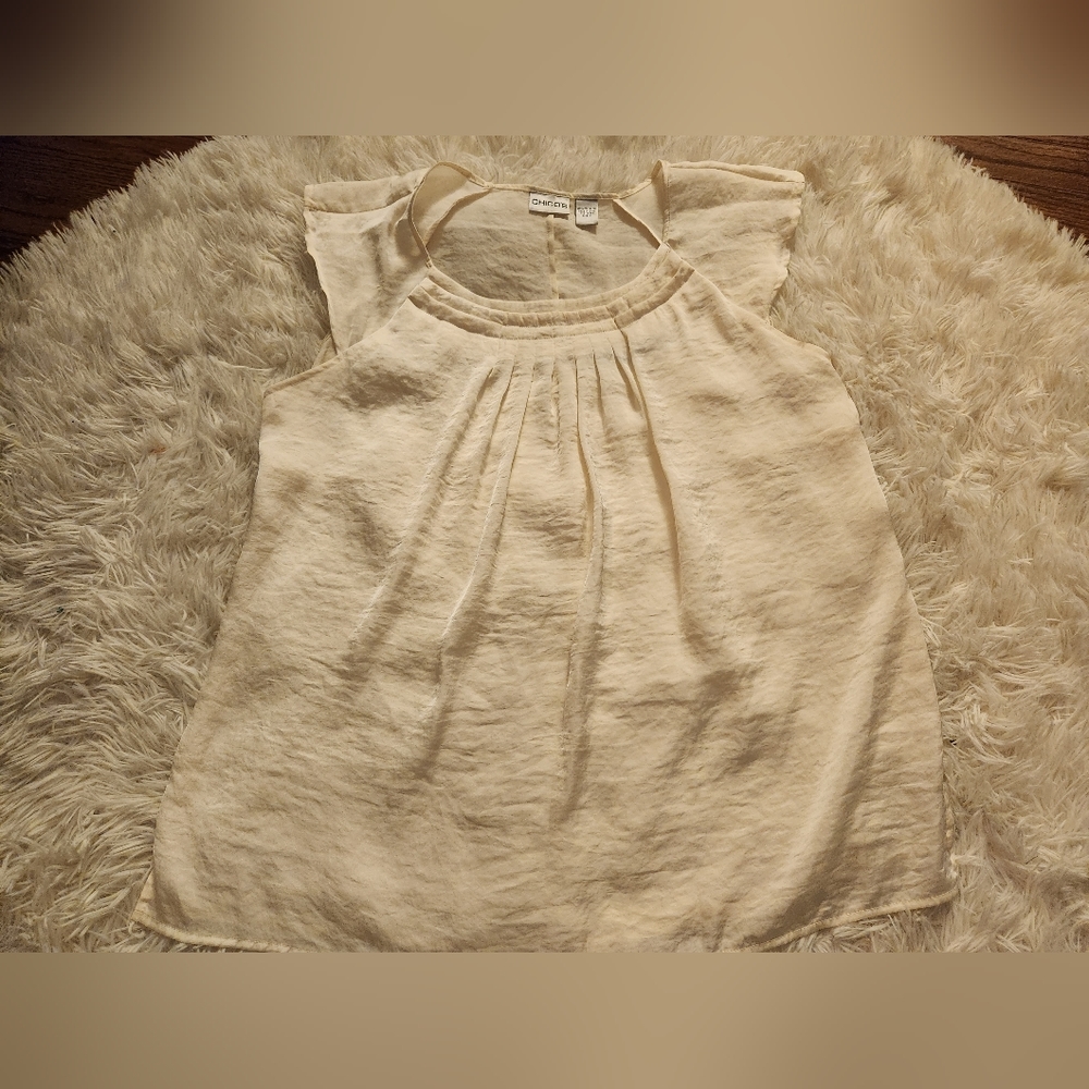 Chico's Ivory Sheer Flutter Sleeve Blouse Size 3  XL With Lining - Picture 4 of 8